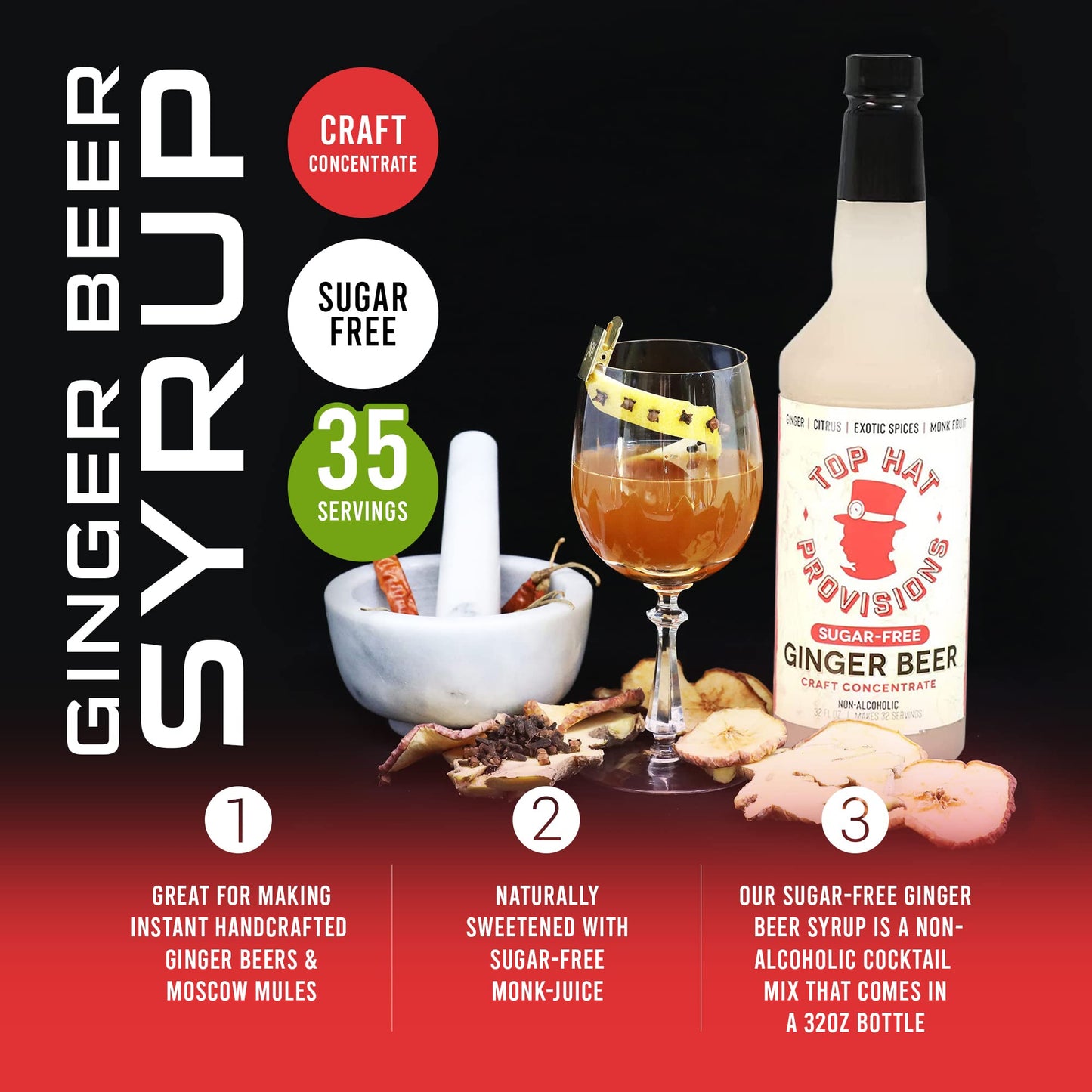 Top Hat Keto Sugar Free Ginger Beer Syrup  Moscow Mule Mix  Naturally Sweetened with Monk Fruit  Craft Soda Mixer Ginger Syrup for Cocktail Drinks  Just Add Seltzer Water  32oz Bottle