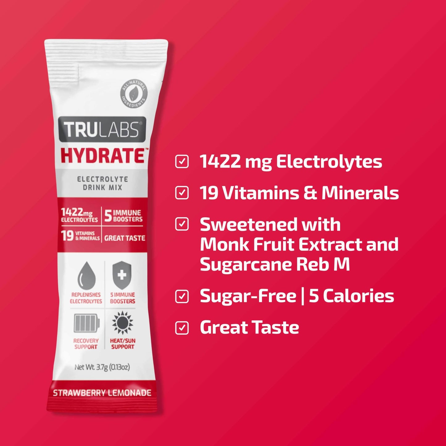 TRULABS Hydrate Strawberry Lemonade 6ct. Sugar Free Electrolytes Hydration Packets. Each Serving Contains 1422 mg of Electrolytes &19 Vitamins & Minerals.