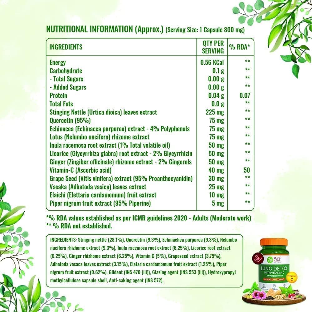 SENTA Pure Nutrition Lung Detox Supplement with Natural Herbal Blend of Vitamin C, Grapeseed & Vasaka Leaves Extract | Lung Cleanser for Detoxification of Lung and Immune Defence - 60 Veg Capsules