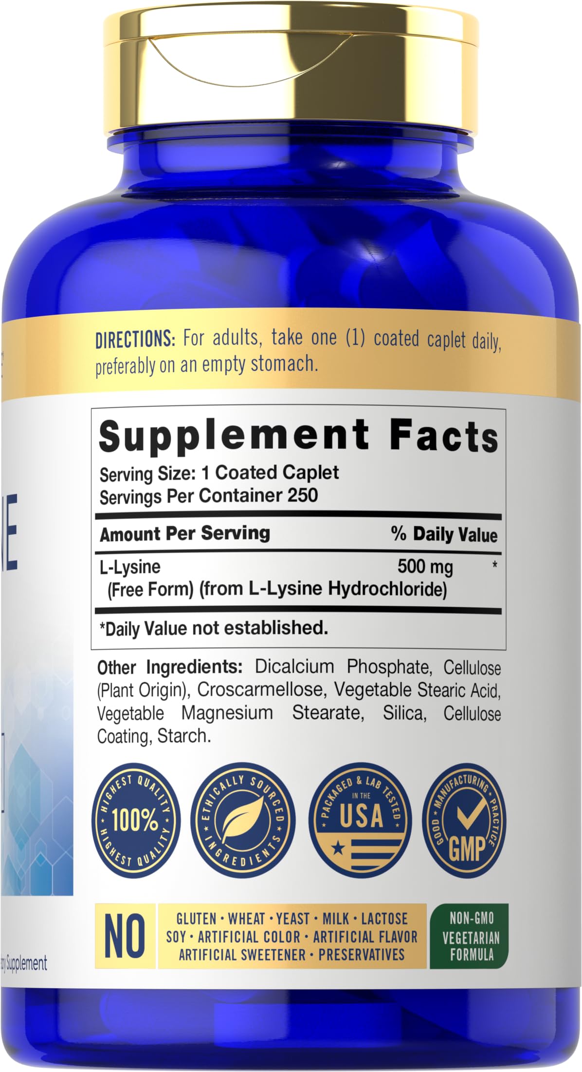 Carlyle L-Lysine 500 mg | 250 Caplet Capsules | Amino Acid Supplement | Vegetarian, Non-GMO & Gluten Free