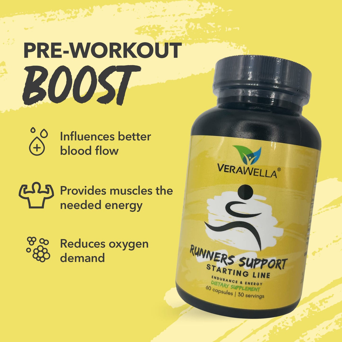 VeraWella - Runners Support Starting Line, Nitric Oxide Booster with L-Arginine, L Citrulline Malate, & Beet Root Powder, Supports Optimal Blood Flow, Endurance and Stamina, 60 Capsules