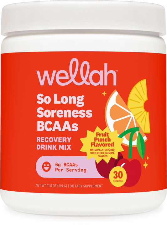 Wellah So Long Soreness BCAA Powder (Fruit Punch Flavored) 30 Servings - with Hydration Complex