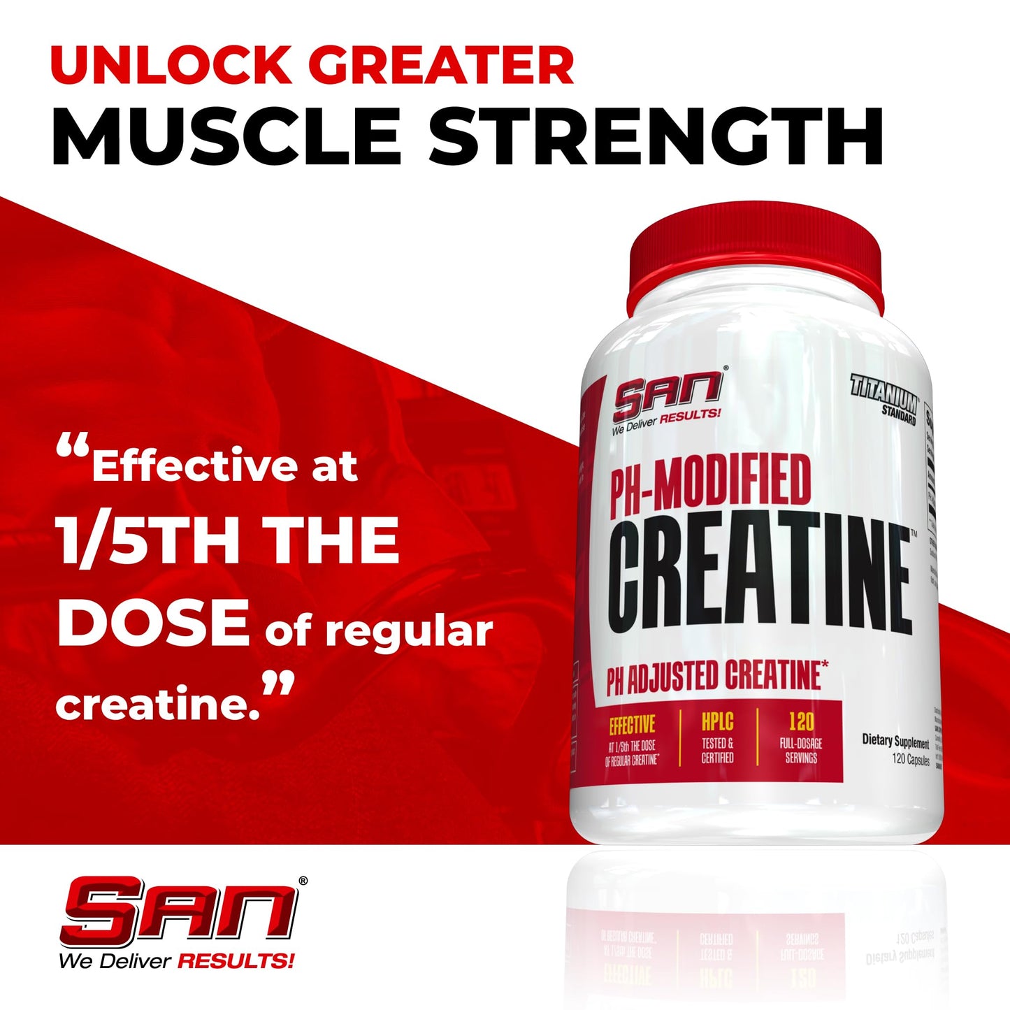 SAN Nutrition PH Modified Creatine - Buffered Formula for Enhanced Muscle Strength and Performance, 120 Servings