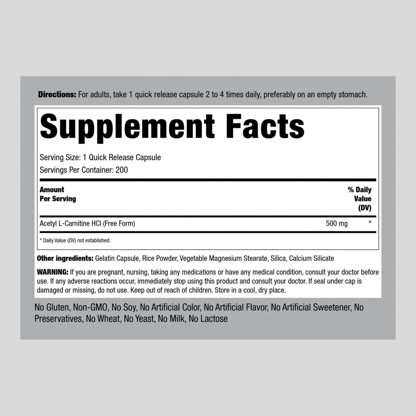 Piping Rock Acetyl L-Carnitine 500mg | 200 Capsules | HCL Supplement | Non-GMO, Gluten Free