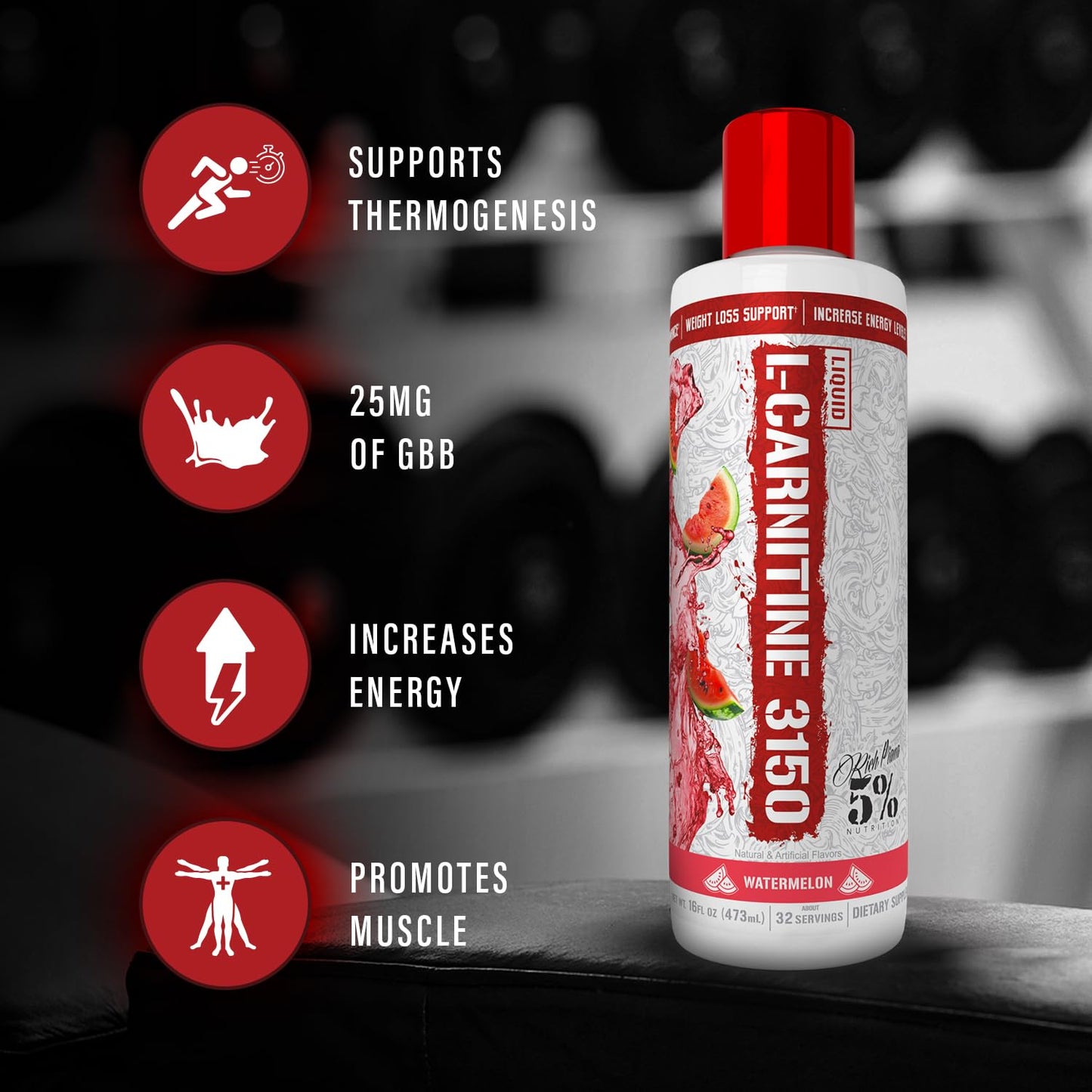 5% Nutrition Rich Piana Liquid L-Carnitine 3150 | Premium 4 Source Blend + GBB, The Super Carnitine (Watermelon Candy)