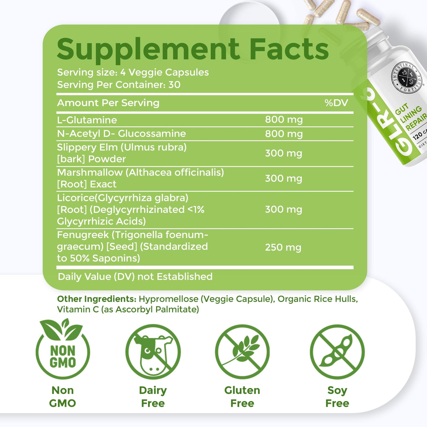 Intestinal Fortitude GLR-6 - Gut Lining Repair Supplement for Gut Health - Leaky Gut Repair with L-Glutamine, Slippery Elm, DGL Licorice Root, Marshmallow Root, Fenugreek - IBS, IBD, GERD - Vegan