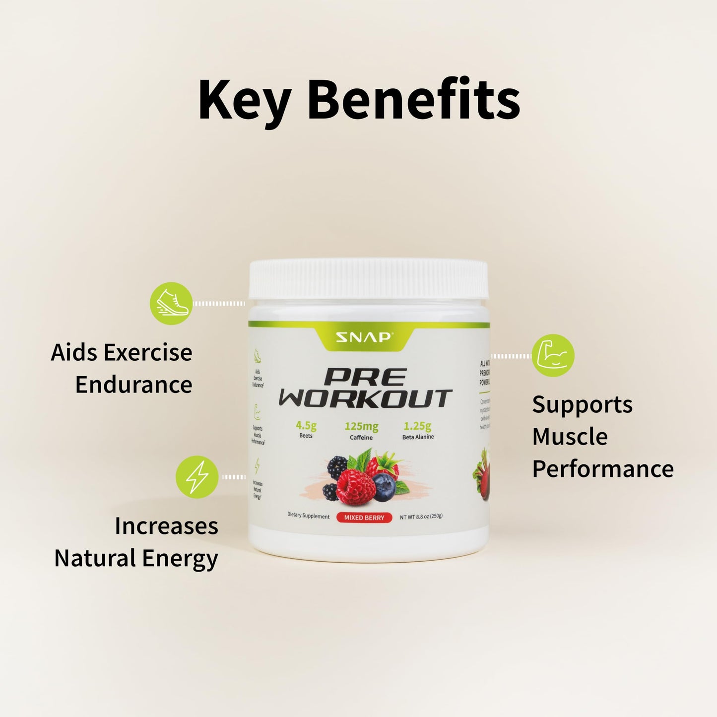 Snap Supplements Pre Workout Beet Root Powder, Nitric Oxide Supplement Preworkout for Men and Women with Organic Beets and B Vitamins, Energy and Heart Health Support, 30 Servings, Mixed Berry