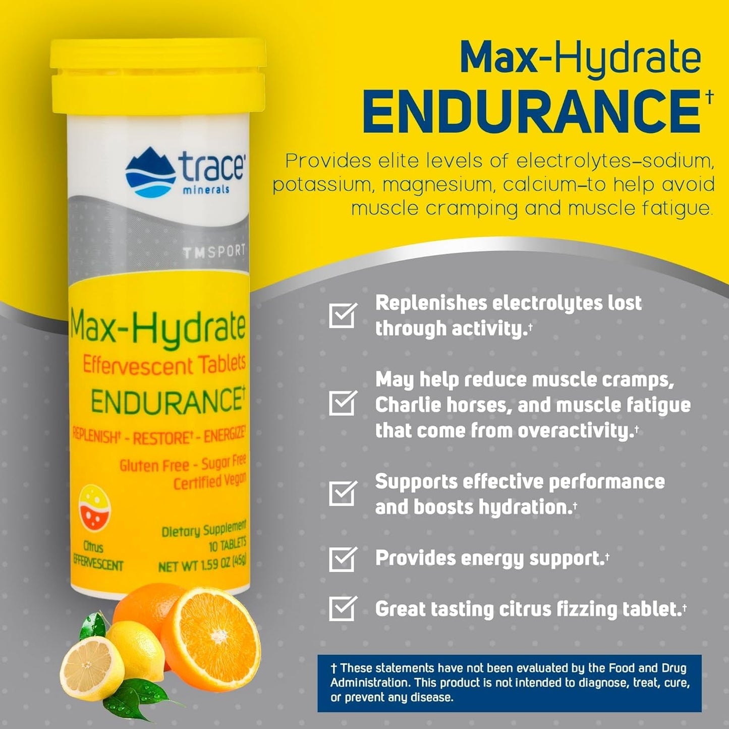 Trace Minerals Max-Hydrate Endurance - Daily Energy Support Supplement - Electrolyte Supplement to Aid Against Muscle Cramps - Supplement to Support Hydration - Citrus, 10 Tabs (80 Servings)