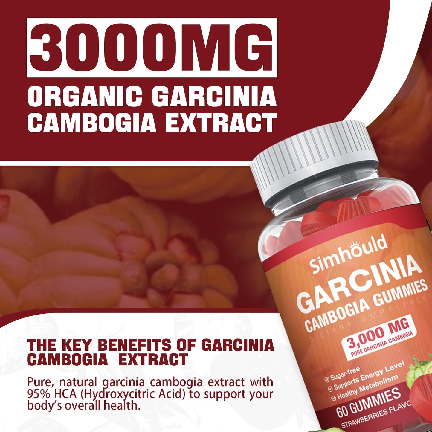 Simhould 2 Pack Sugar Free Garcinia Cambogia Gummies - 3000mg 95% HCA with L-Carnitine, Energy Boost, Strawberry Flavor Gummy Easier to Take Than Pills & Capsules 120 Counts