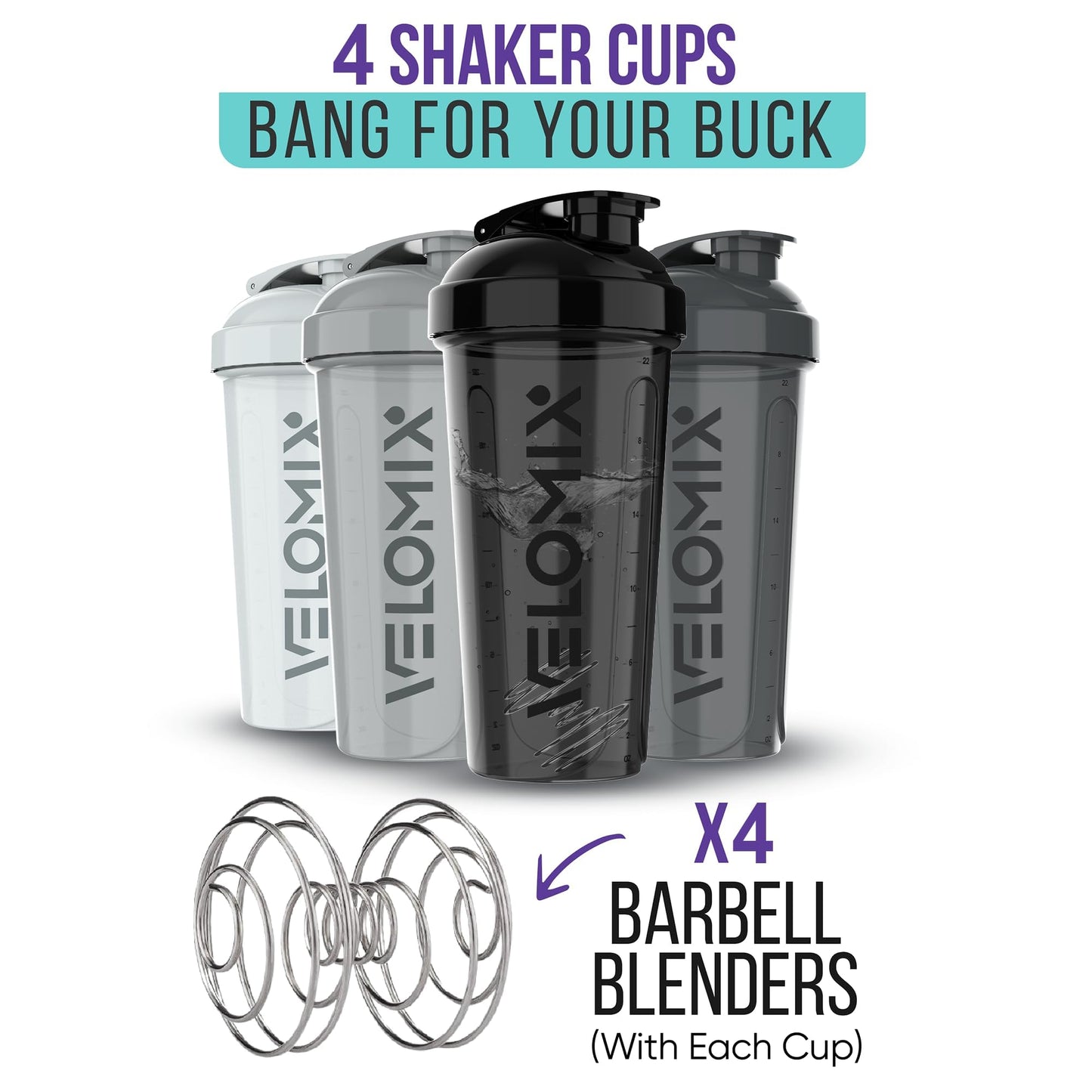 VELOMIX -4 PACK- 28 oz Protein Shaker Bottle for Protein Mixes - 4x Wire Whisk | Leak Proof Shaker Cups for Protein Shakes | Protein Shaker Bottle Pack | Protein Shake Cup(Silver Mix)
