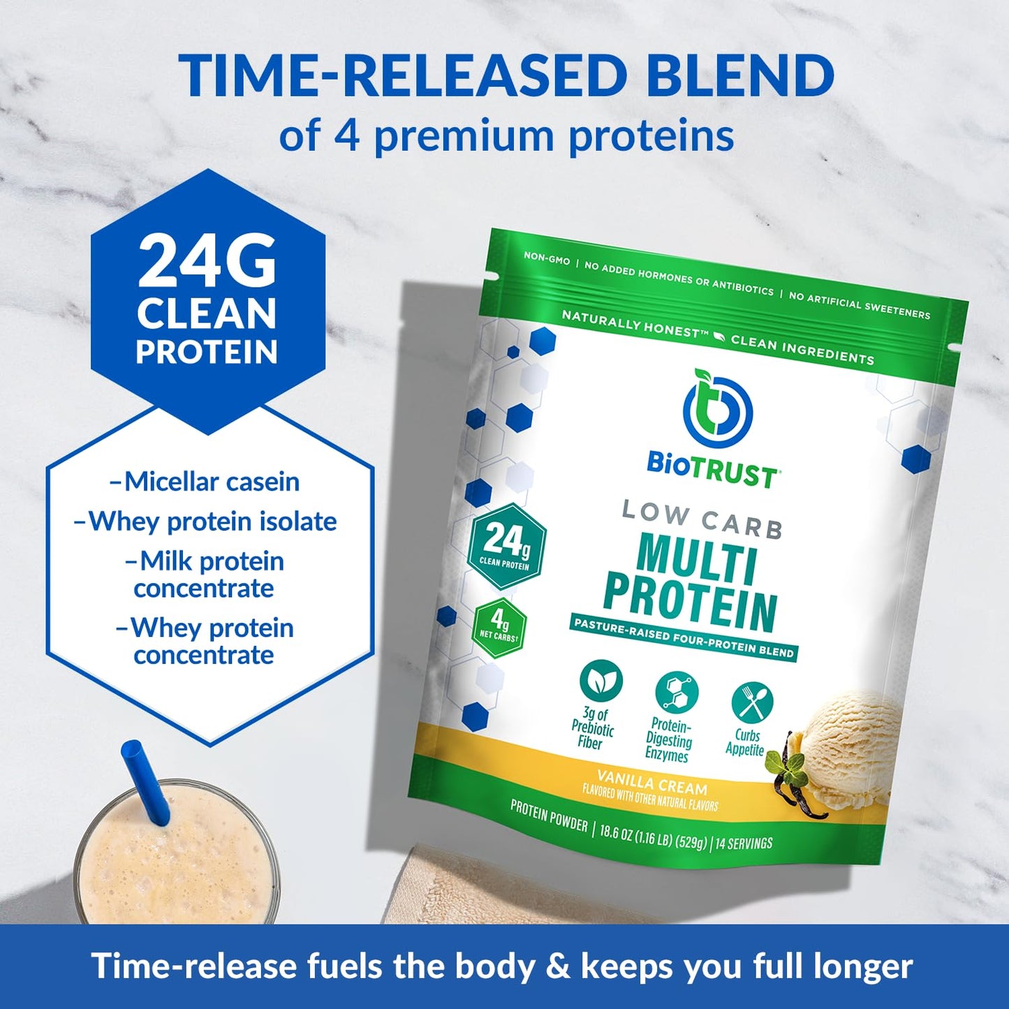 BioTrust Low Carb Protein Powder - Natural and Delicious Whey & Casein Blend from Grass-Fed Hormone Free Cows - Non GMO, Soy Free, Gluten Free, Hormone Free (Vanilla)