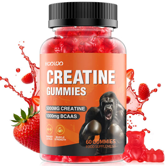 HOOLOO Creatine Gummies 5000mg Creatine Monohydrate, 1000mg BCAAs per Serving - Chewable Vegan Sugar Free Gummies, Strawberry Flavour (1 Month Supply)