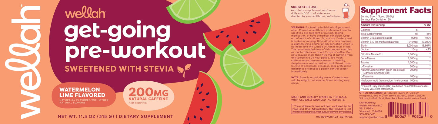 Wellah Get-Going Pre-Workout Drink Mix (Watermelon Lime Flavored, 30 Servings)