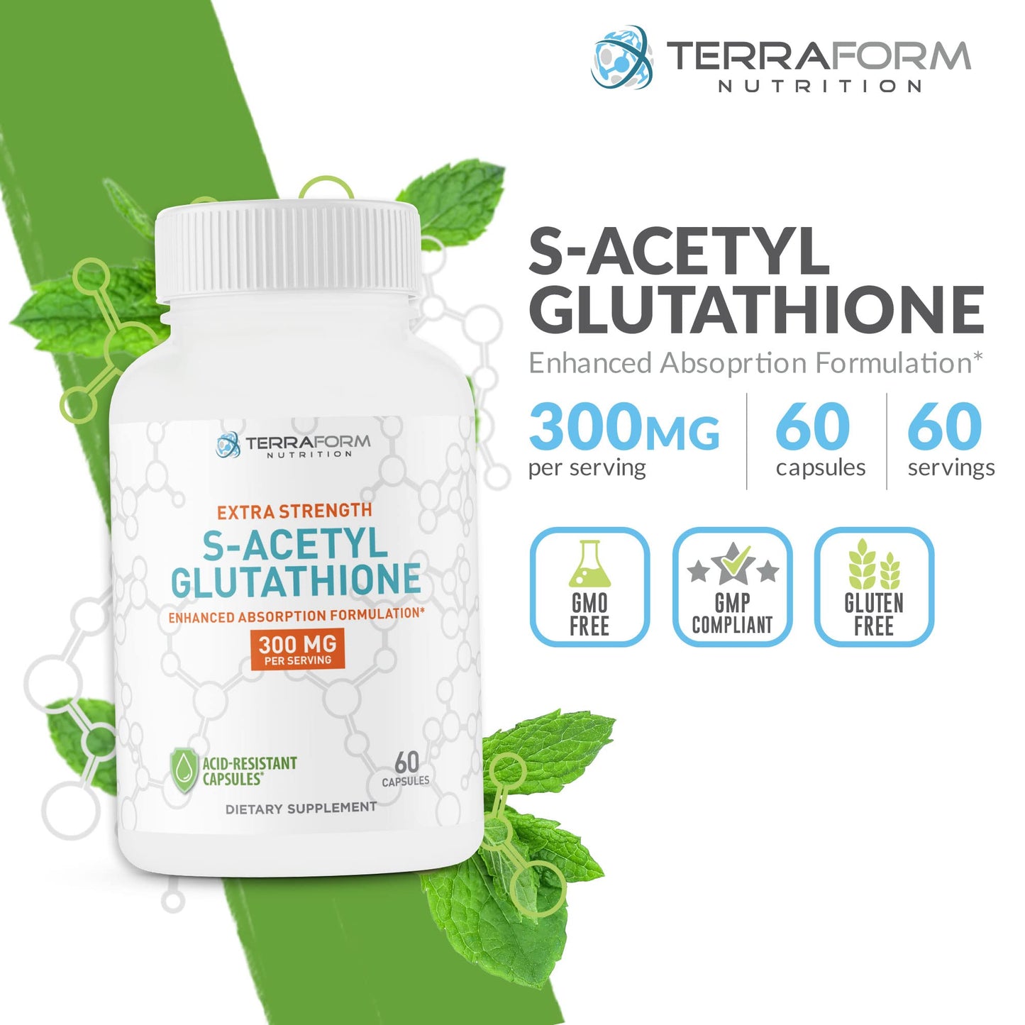 Terraform Nutrition Extra Strength 300mg S-Acetyl Glutathione SAG Supplement Made in USA - 60 Acid-Resistant Capsules