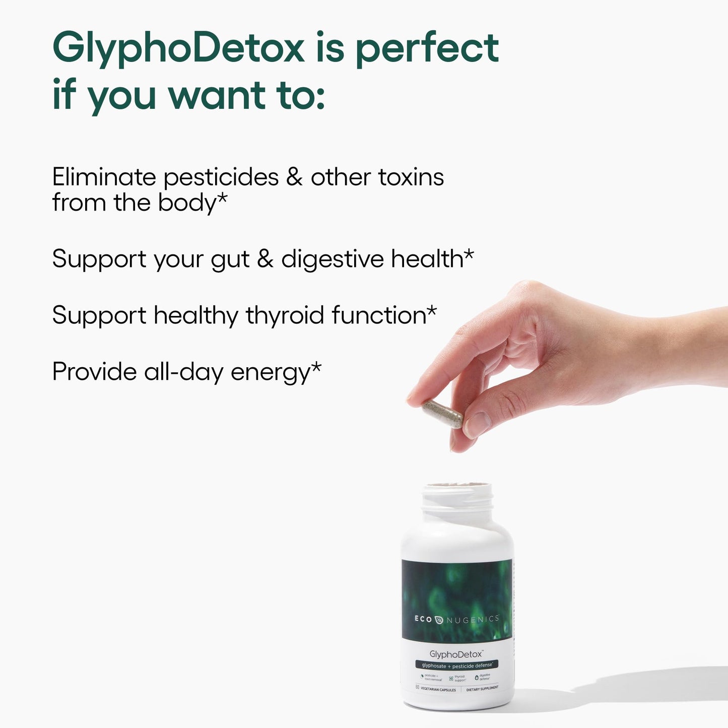 EcoNugenics GlyphoDetox Supplement - Safely Remove Glyphosate Pesticides and Agricultural Toxins - Detox Formula w/Kelp, Citrus Pectin, Algimate, Glycine - for Men & Women - 60 Capsules