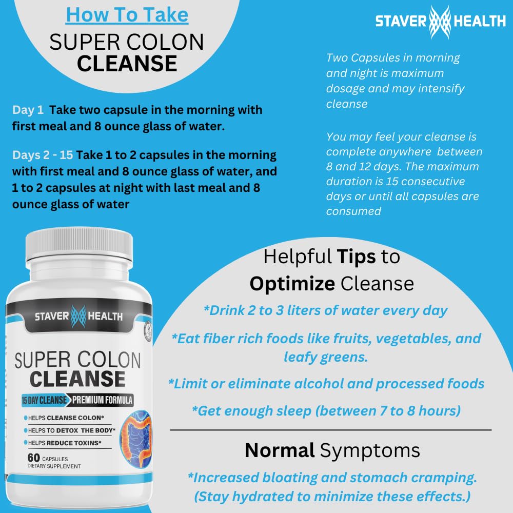 Staver Health Super Colon Cleanse - 15 Day Cleanse, Colon Cleanse Pills, Colon Cleanser & Detox, Psyllium Husk