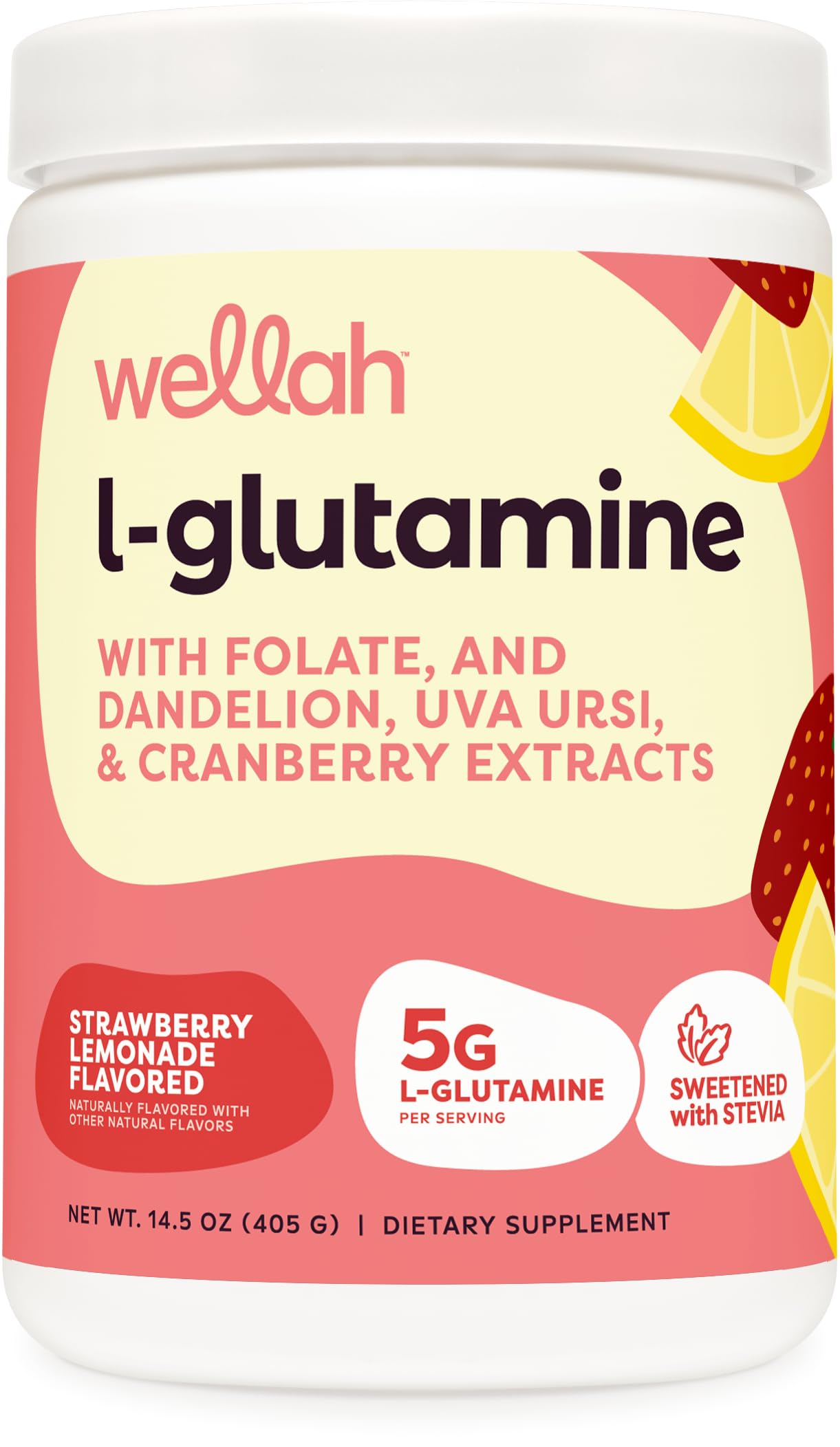 Wellah L-Glutamine Strawberry Lemonade Flavored (50 Servings) - 5g L-Glutamine Per Serving, Sweetened with Stevia