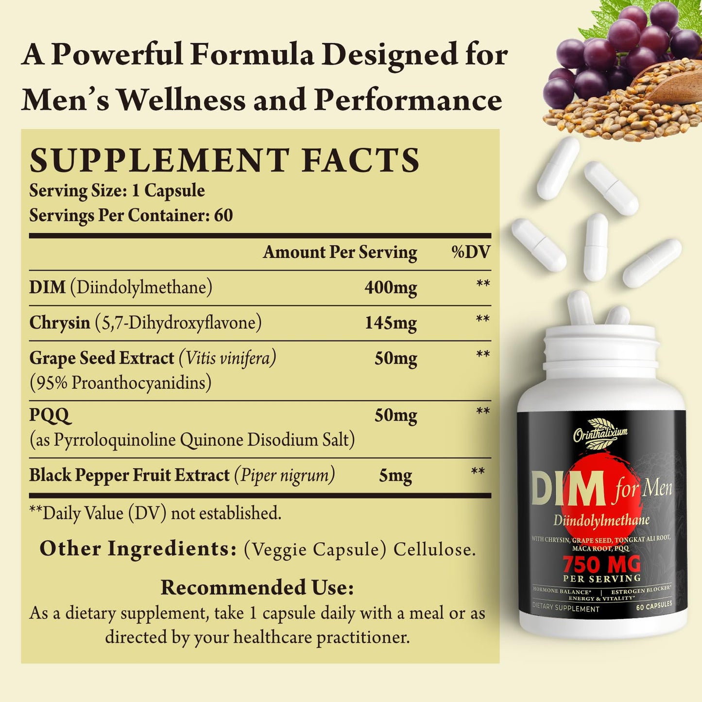 Orinthalixium DIM for Men 750MG - Hormone Balance, Estrogen Support for Men, DIM Supplement, Detox, Vitality & Fitness Performance-Chrysin & Black Pepper Extract, 60 Capsules (2 Bottle)