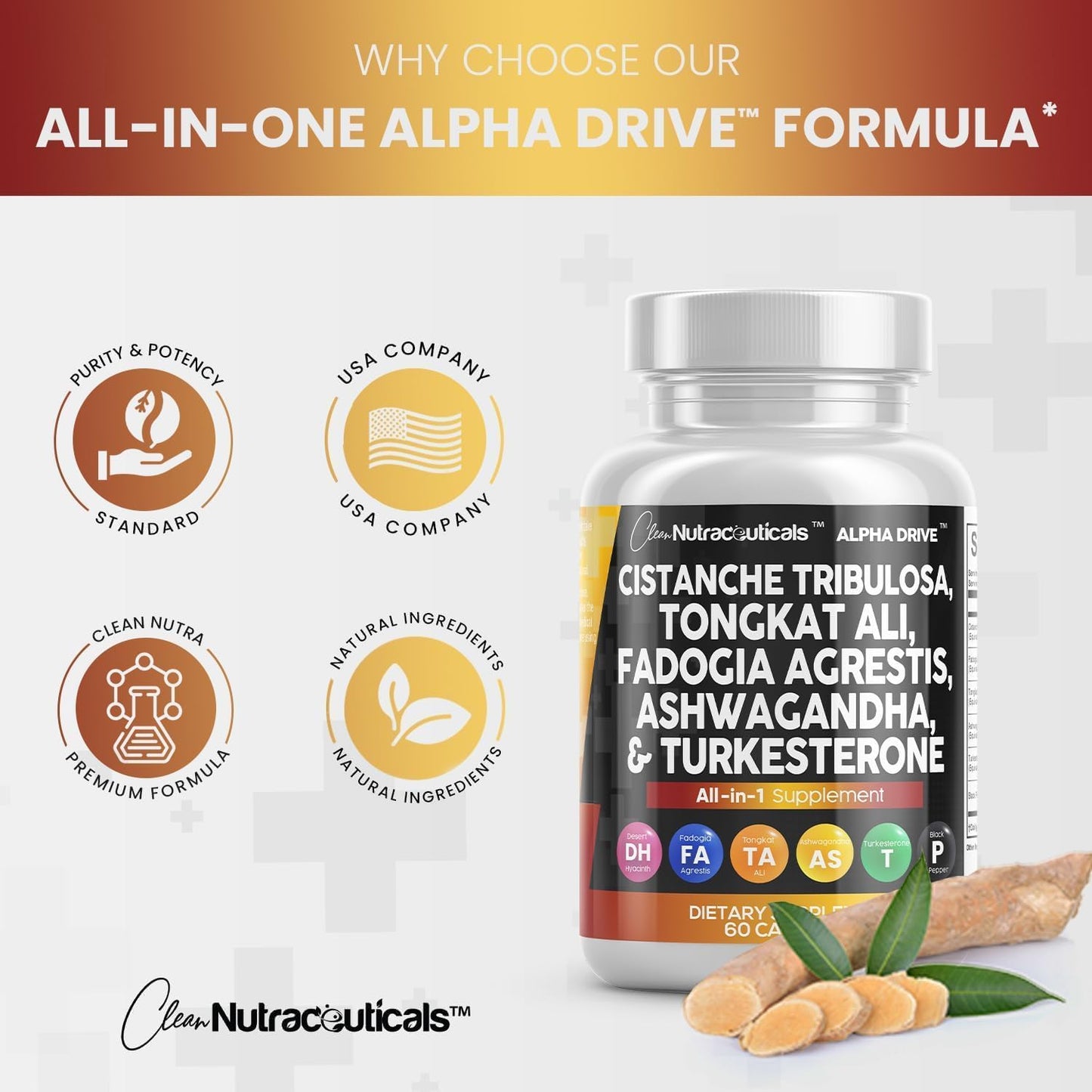 Clean Nutra Cistanche Tribulosa Fadogia Agrestis Tongkat Ali Turkesterone Pills Ashwagandha Capsules Supplement for Men - 60 Count