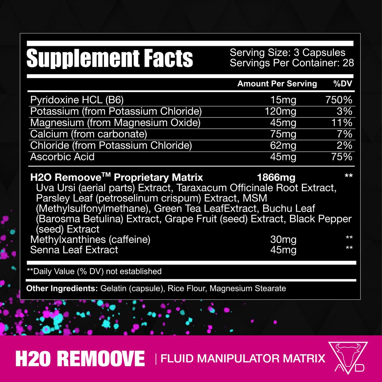 Project AD H2O Remoove Nutural Diuretice Water Management System, Contains a Potassium-Sparing Formula Designed To Promote a Drier, Leaner And More Vascular Looking Physique (28 Servings)