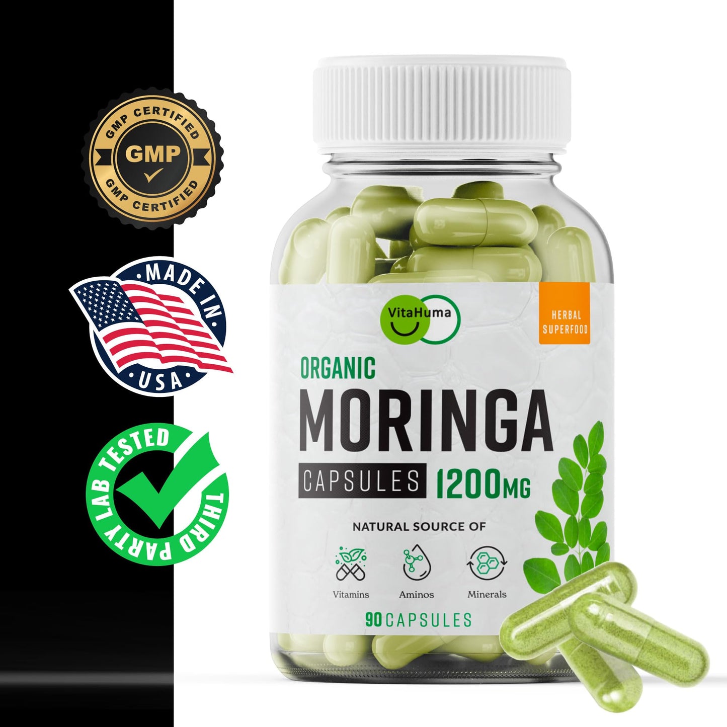 VitaHuma Organic Moringa, Nutrient-Dense Antioxidant Support with Vitamin C, A, E, Calcium, Potassium, Iron, Magnesium, Protein & Amino Acids for Hydration & Energy, Vegan, 1200 MG Per Serving, 90 CT