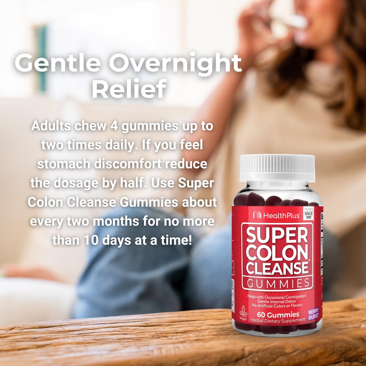 Health Plus Super Colon Cleanse Gummies 15 Day Supply of Gentle Overnight Relief from Occasional Constipation, Natural Senna Leaf Extract, Dietary Supplement, Mixed Berry Flavor, 60 Count