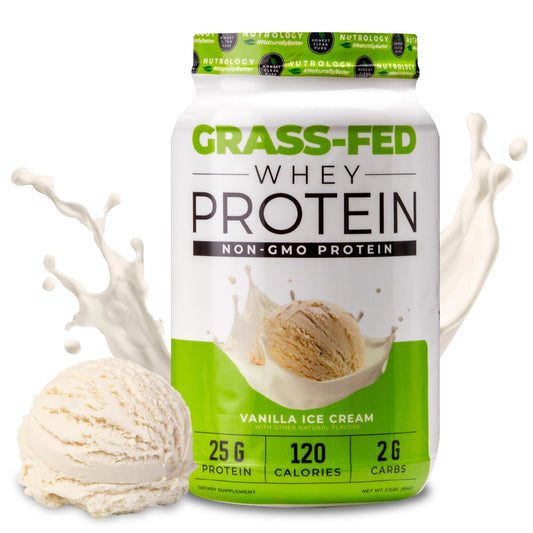 Nutrology Grass Fed Whey Protein Powder, Vanilla Ice Cream Flavor, Supports Lean Muscle Recovery & Performance, Cold Processed Grass Fed Whey and Amino Acid Powder, Shake, Blend or Bake, 28 Servings