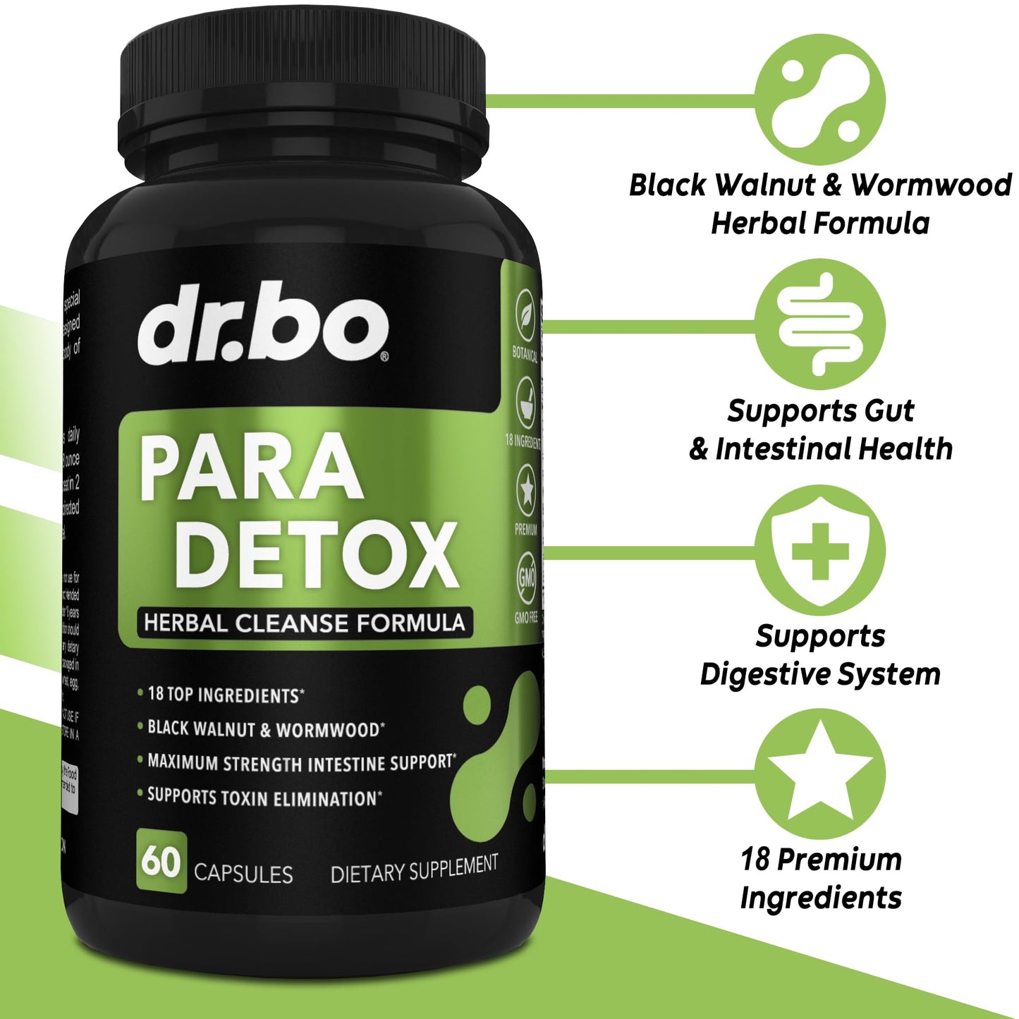 DR. BO para Cleanse Human Detox Guard - Intestinal Pills Support for Humans - Pro Gut Health Intestine Supplement Stomach for Adults - Herbal Wormwood Black Walnut Complex & Cloves - 60 Capsules