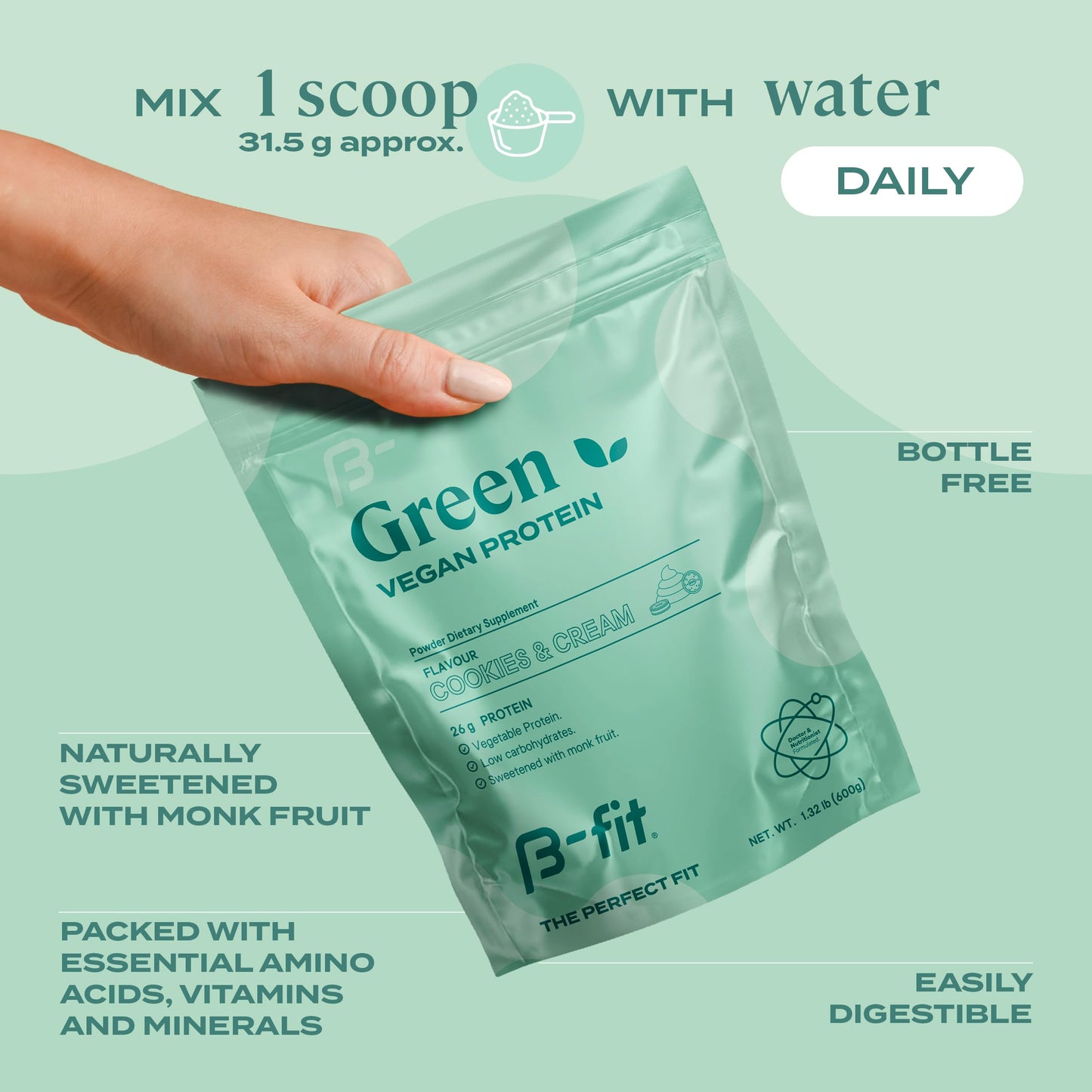 B-FIT B Vegan Pea Protein Powder 600g - Plant Based Protein Shake - Cookies & Cream Flavor - 19 Servings - Sugar-Free & Gluten-Free - 26g of Organic Pure Protein