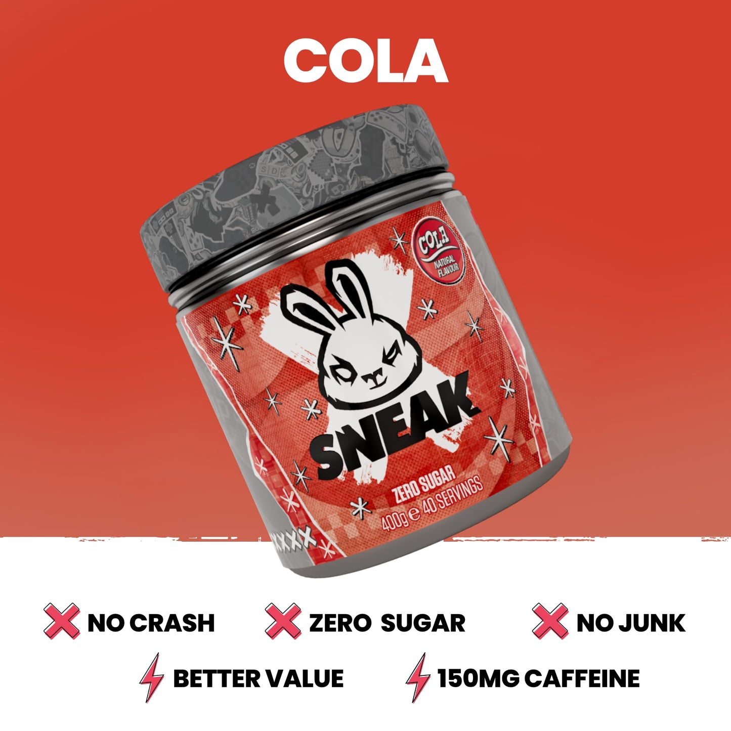 SNEAK  Cola  Zero Sugar LowCalorie Energy Drink for Sustained Concentration  Focus  40 Servings