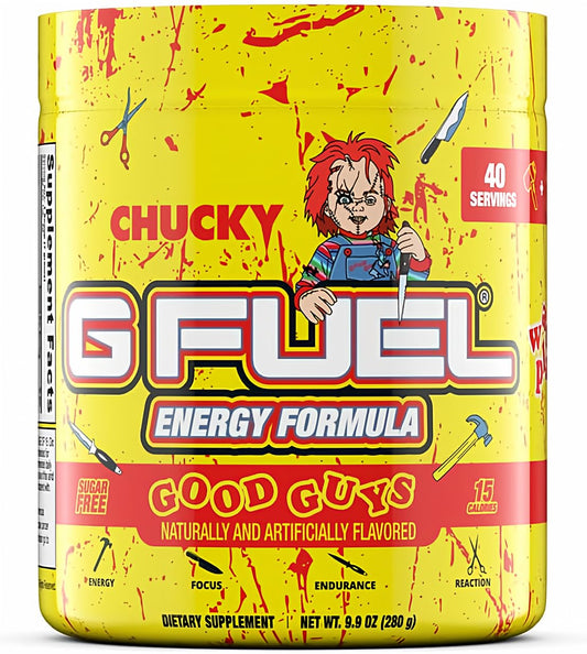 G Fuel Chucky Good Guys Energy Drink Powder, Pre Workout Caffeine Mix for Gaming, Sugar Free Focus Amino, Vitamin + Antioxidants, 9.9oz (Tropical Blood Orange, 40 Servings)