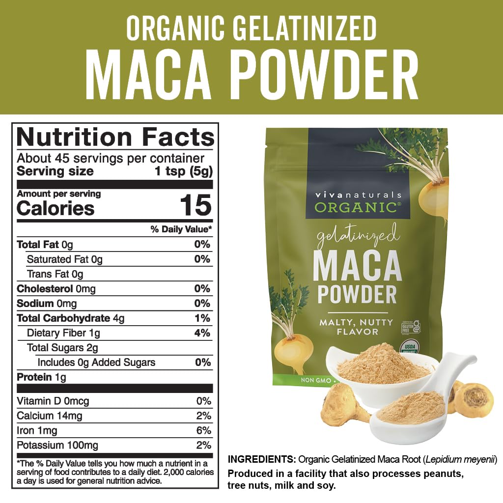 Viva Naturals Organic Maca Powder  Gelatinized Maca Powder Organic Vegan and Kosher Peruvian Superfood  Certified USDA Organic GlutenFree  NonGMO 8 oz Resealable Bag