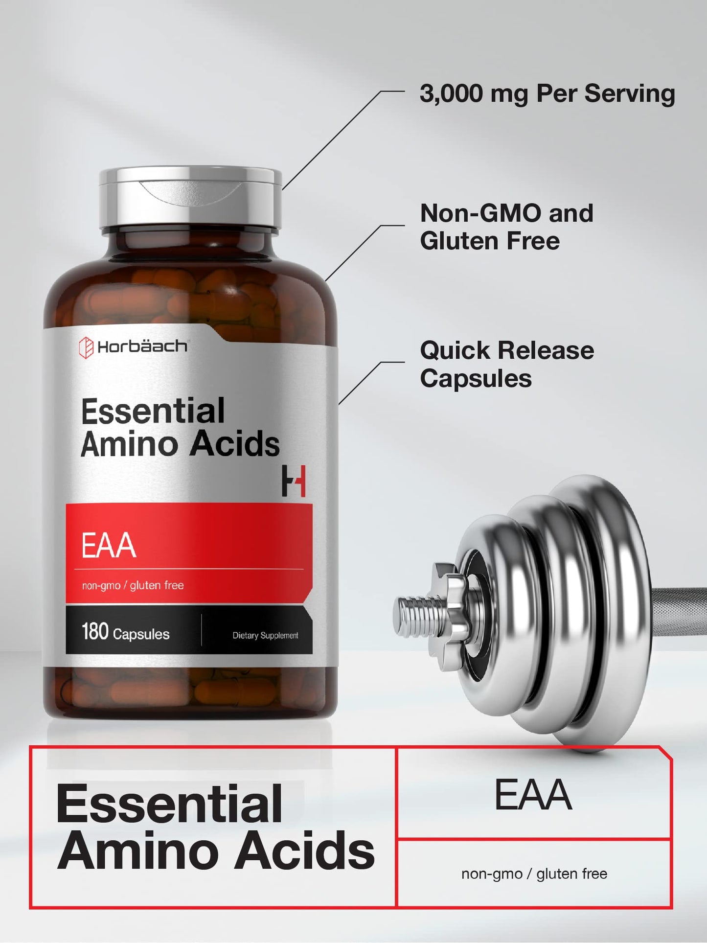 Horbäach Essential Amino Acids Supplement | 180 Capsules | Optimum Ratio with BCAAs | Non-GMO & Gluten Free EAA