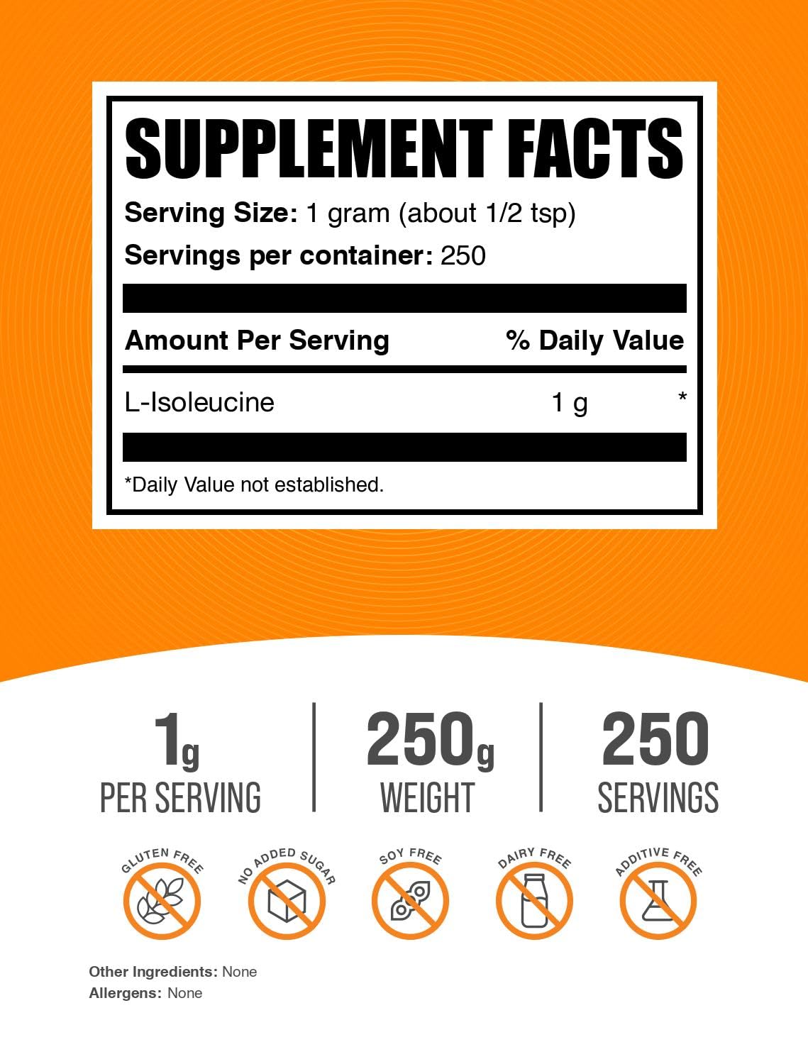 BulkSupplements.com L-Isoleucine Powder - Amino Acid Supplement, BCAA Supplement - Unflavored & Gluten Free, 1g per Serving, 250g (8.8 oz) (Pack of 1)