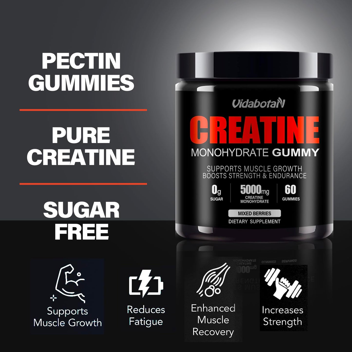 vidabotan Sugar Free Creatine Monohydrate Gummies 5g for Men & Women, Creatine chewable Gummies Blend with Taurine, Vitamin B6&B12 for Muscle Strength, Energy Boost, Mixed Berries, Vegan(120 Count)