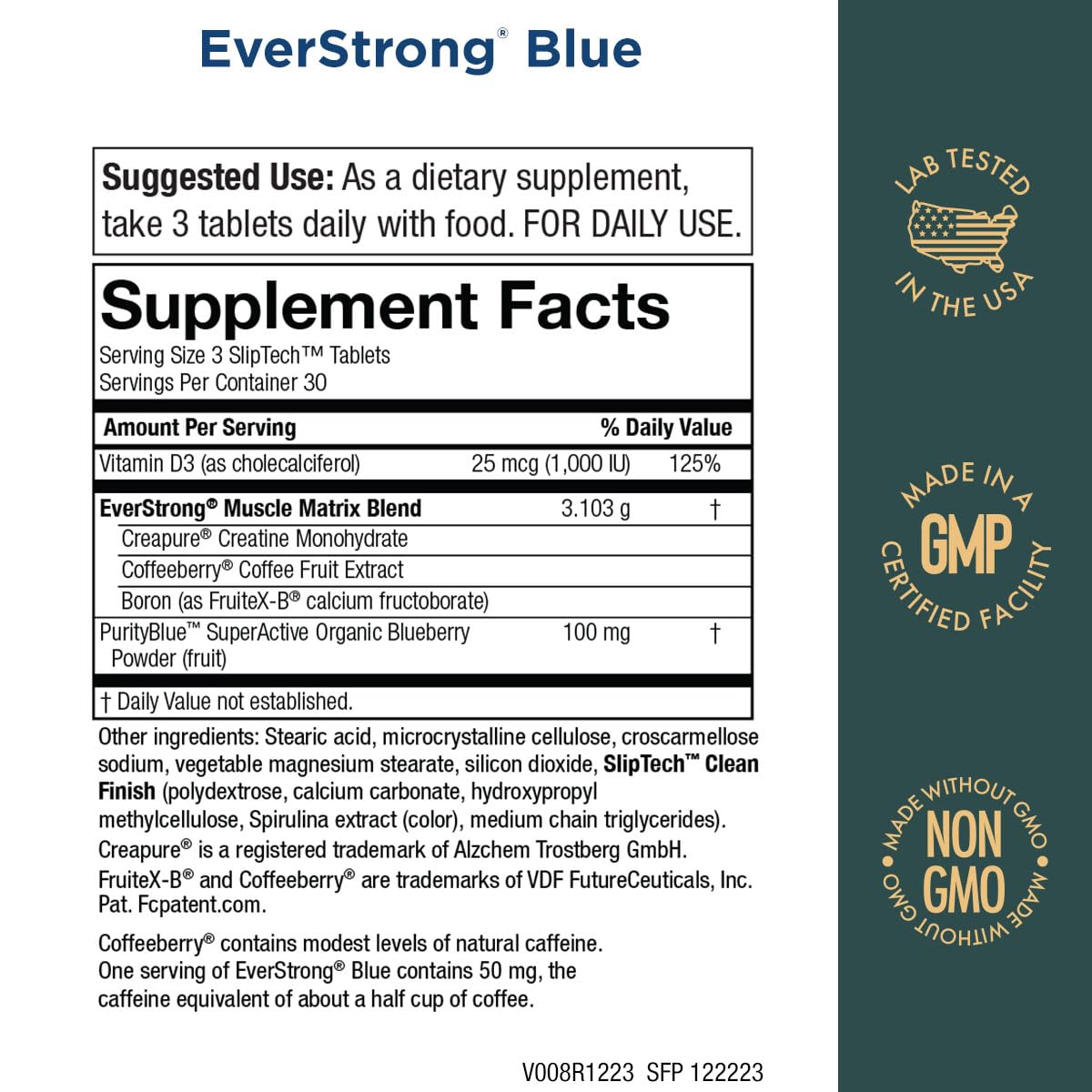 Purity Products EverStrong Blue Strength Building + Brain Boosting w/Muscle Matrix Blend ft. Creatine Monohydrate + More, PurityBlue Organic Blueberry Complex, 1000 IU Vitamin D3-90 Tablets