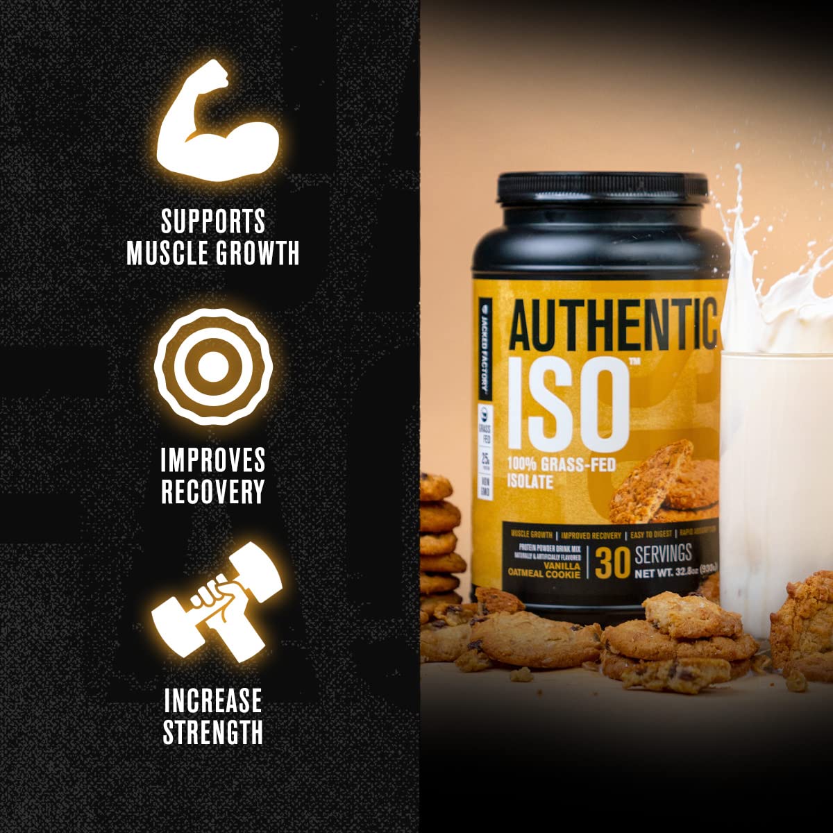 Jacked Factory Authentic ISO Grass Fed Whey Protein Isolate Powder - Low Carb, Non-GMO Muscle Building Protein w/No Fillers, Mixes Perfectly, Vanilla Oatmeal Cookie - 2LB, 30 SV