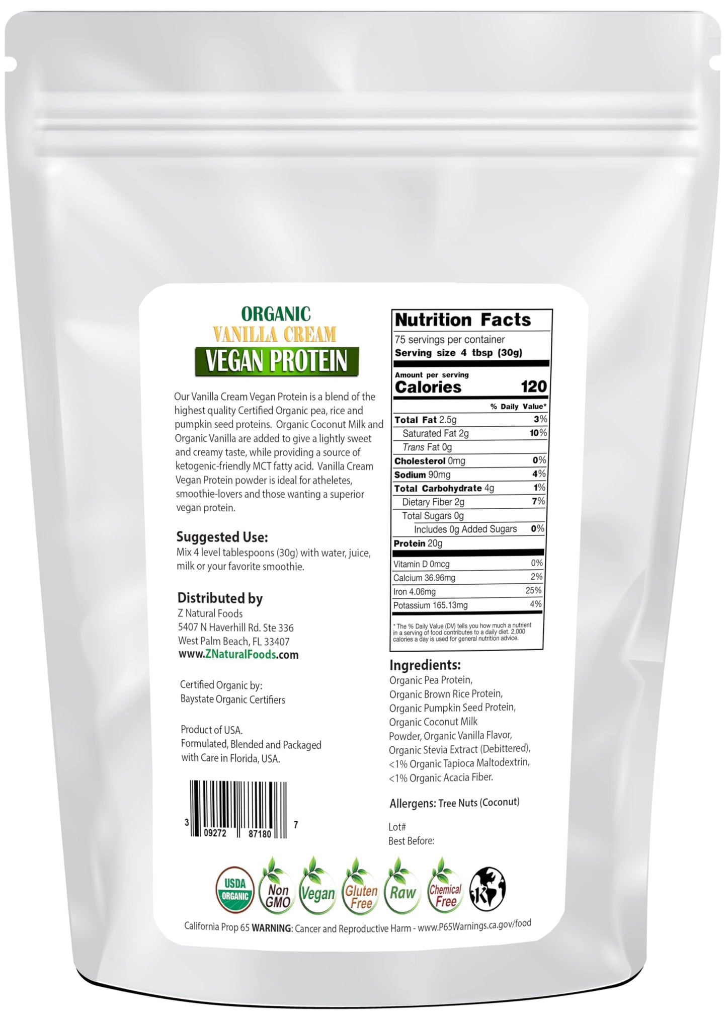 Z Natural Foods Organic Vanilla Cream Vegan Protein Powder 5 lbs