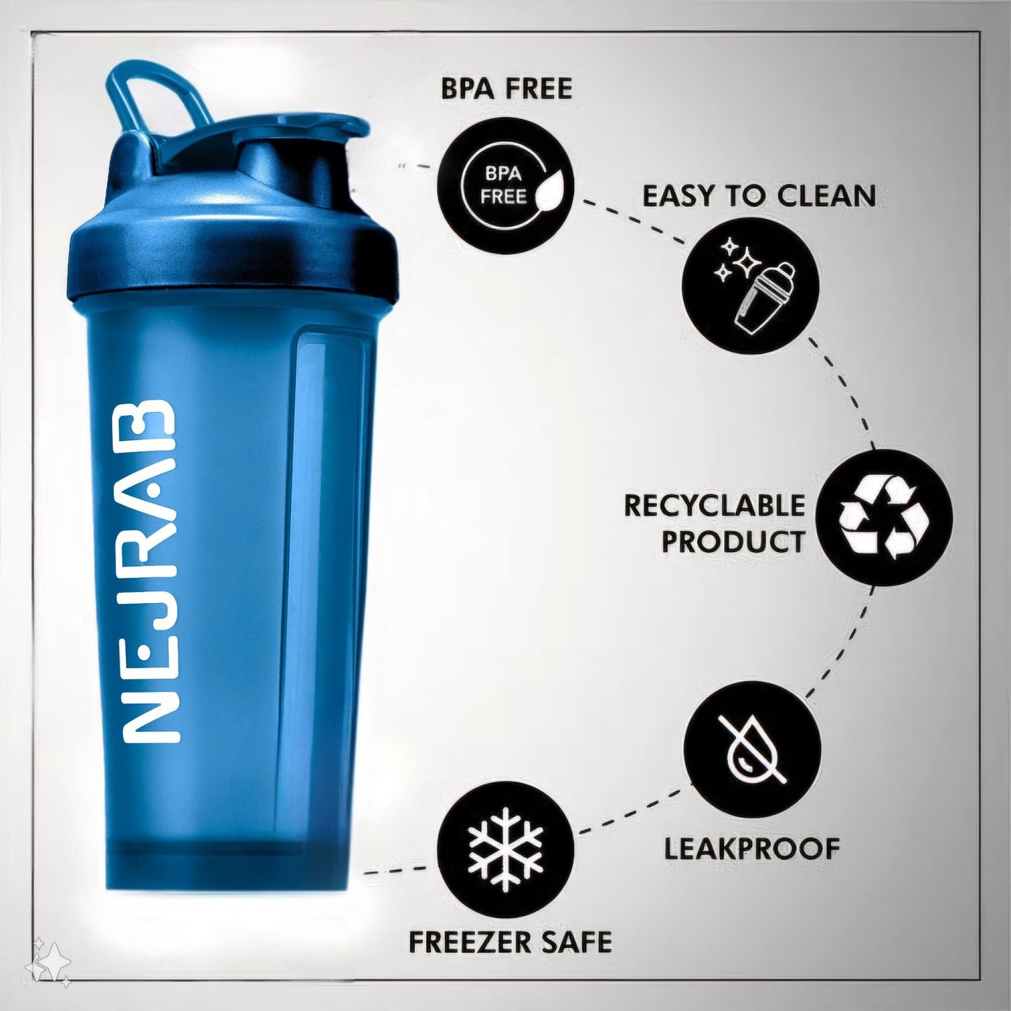 NEJRAB Protein Shaker Bottle - Sports Blender Bottles for Protein Mixes and Shakes - 28 Oz, Leak-Proof, shaker cups for protein shakes - Gym, Fitness, Pre-workout (Blue), NJB 28-Oz, Medium