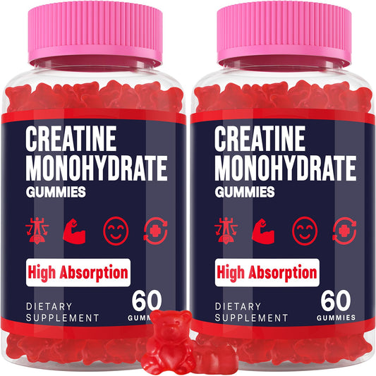 Creatine Monohydrate Gummies for Women & Men, Taurine & B6, Chewable Creatina Pre Workout Gummies for Max Strength & Muscle Growth, Energy, Endurance, Creatine for Men & Women - 2 Bottles