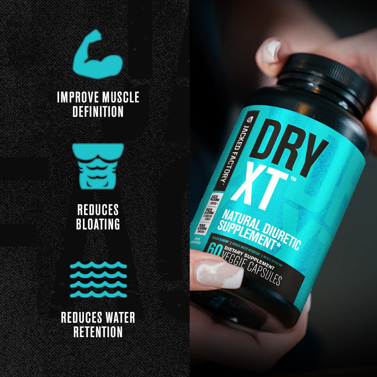 Jacked Factory Dry-XT Diuretic Water Pills - Natural Supplement | Reduces Water Retention & Bloating | Dandelion Root Extract, Potassium, 7 More Powerful Ingredients - 60 Veggie Capsules