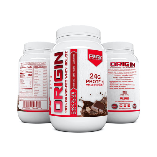 Pure Label Nutrition 100% Grass-Fed, Chocolate Whey Isolate Protein Powder (24g) with Essential Amino Acids, for Pre and Post Workout Recovery & Muscle Building, Low Fat & Low Carbs - 2lbs