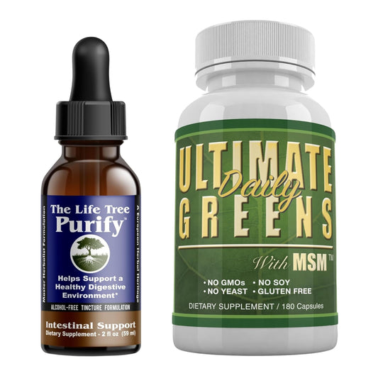 Daily Health - Purify Intestinal Cleanse & Microbial Support Tincture Formula (2 fl oz) & Ultimate Greens Superfood with MSM 1925mg Vegan Friendly Alkalizing Immune Support Supplement (180 Capsules)