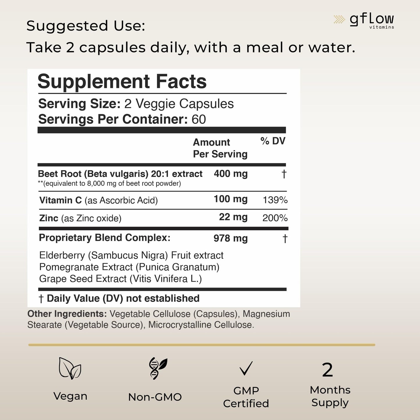 Gflow Vitamins Beet Root Capsules - High concentrated formula, Beetroot Extract, Elderberry with Vitamin C, Zinc, Pomegranate, Grape Seed, Nitric Oxide Supplement - Non-GMO, USA Made - 2 Months Supply