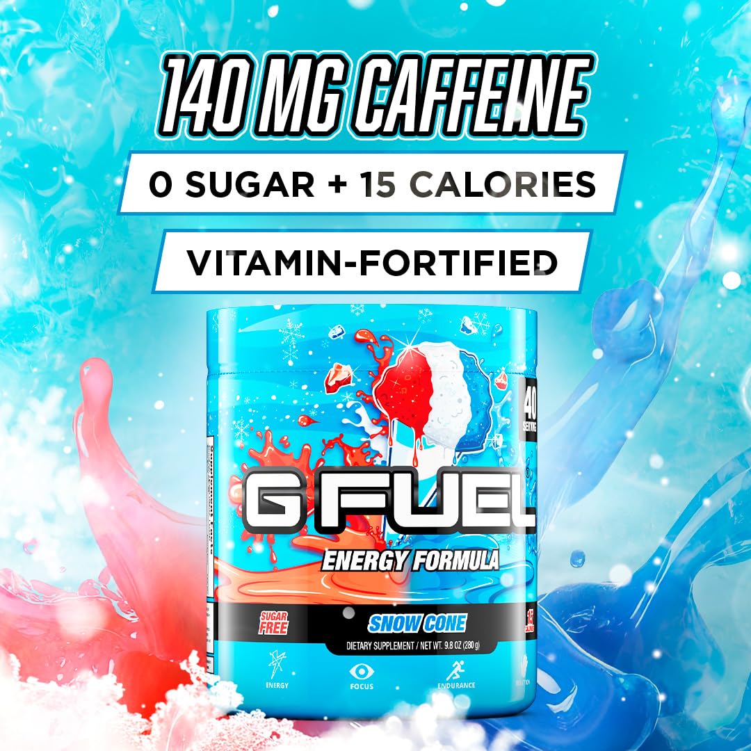 G Fuel Snow Cone Energy Drink Powder, Pre Workout Caffeine Mix for Gaming, Sugar Free Focus Amino, Vitamin + Antioxidants, 9.9oz (Snow Cone, 40 Servings)
