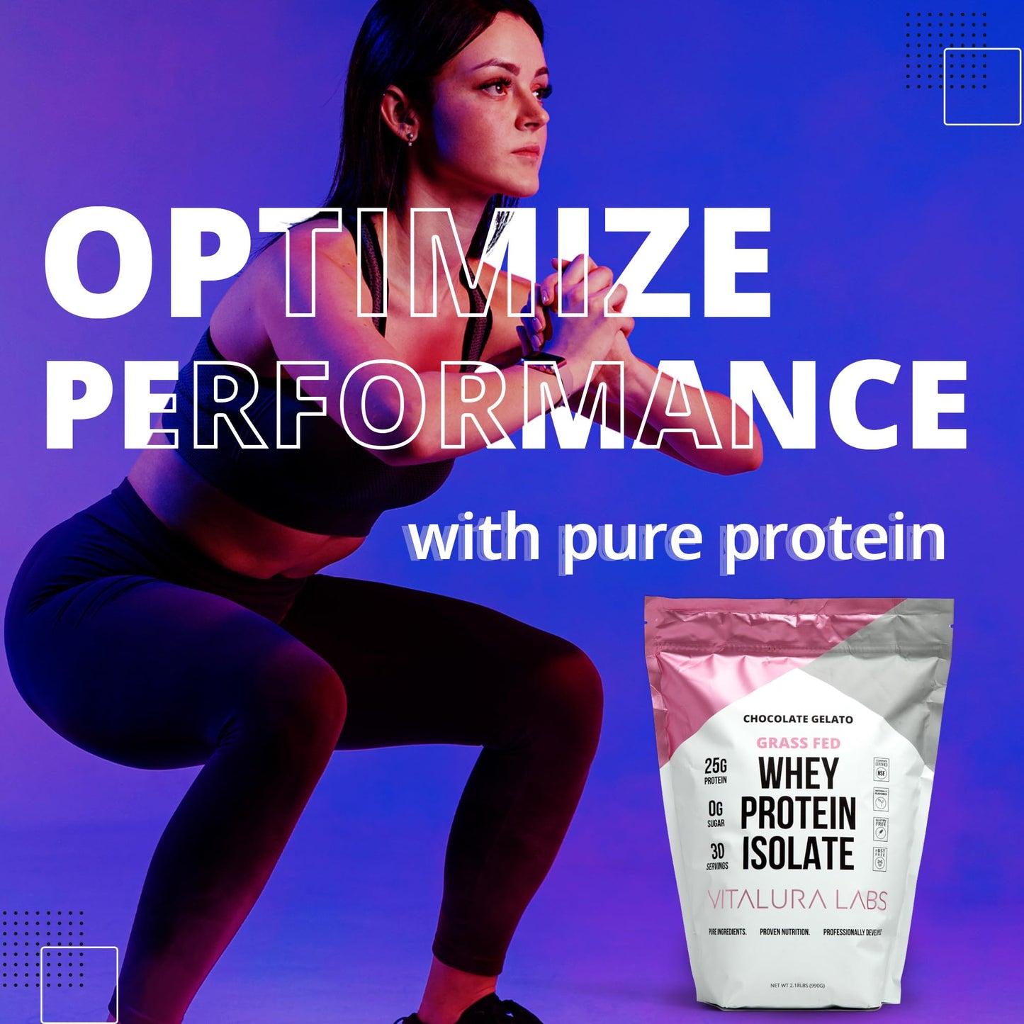 Vitalura Labs Grass-Fed Whey Protein Isolate - 25g Protein Per Serving - 100% Whey Isolate - NSF Content Certified - Chocolate Gelato Flavored - No Fillers - Easy Digesting - 30 Servings