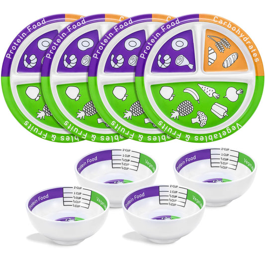 Tioncy 8 Pcs Bariatric Portion Control Set with 4 Bariatric Plates 4 Portion Control Bowls for Adults Diet Balanced Eating Weight Loss Serving Plans(Classic)