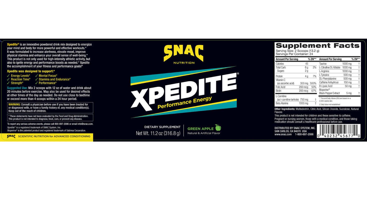 SNAC XPEDITE Preworkout Performance Energy Drink Supplement, Green Apple Pre Workout Powder (24 Servings)