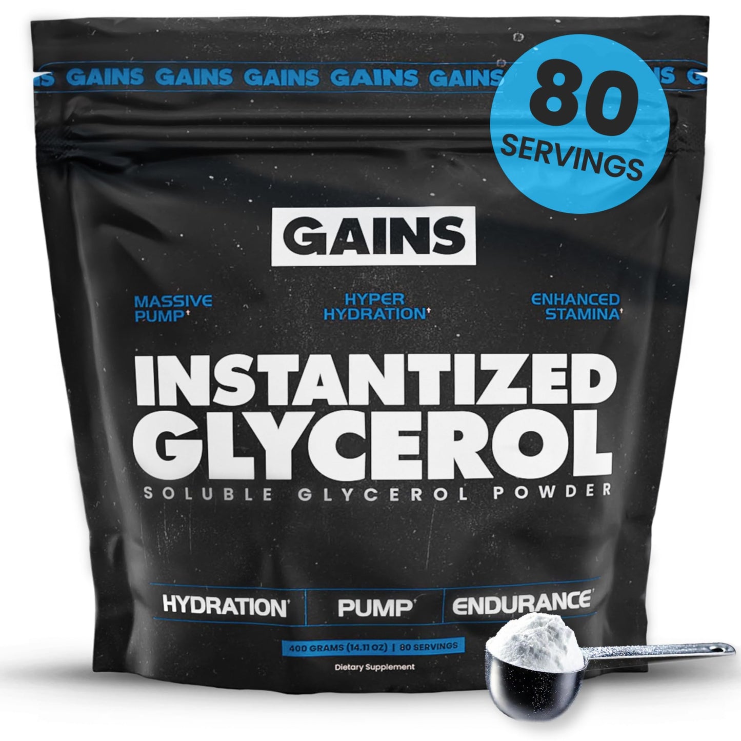 Gains in Bulk Instantized Glycerol Powder, Pre Workout Formula for Muscle Recovery, Pump and Hydration Support, Workout Supplement for Men and Women, Sugar Free, Non-Clumping, Unflavored, 80 Servings