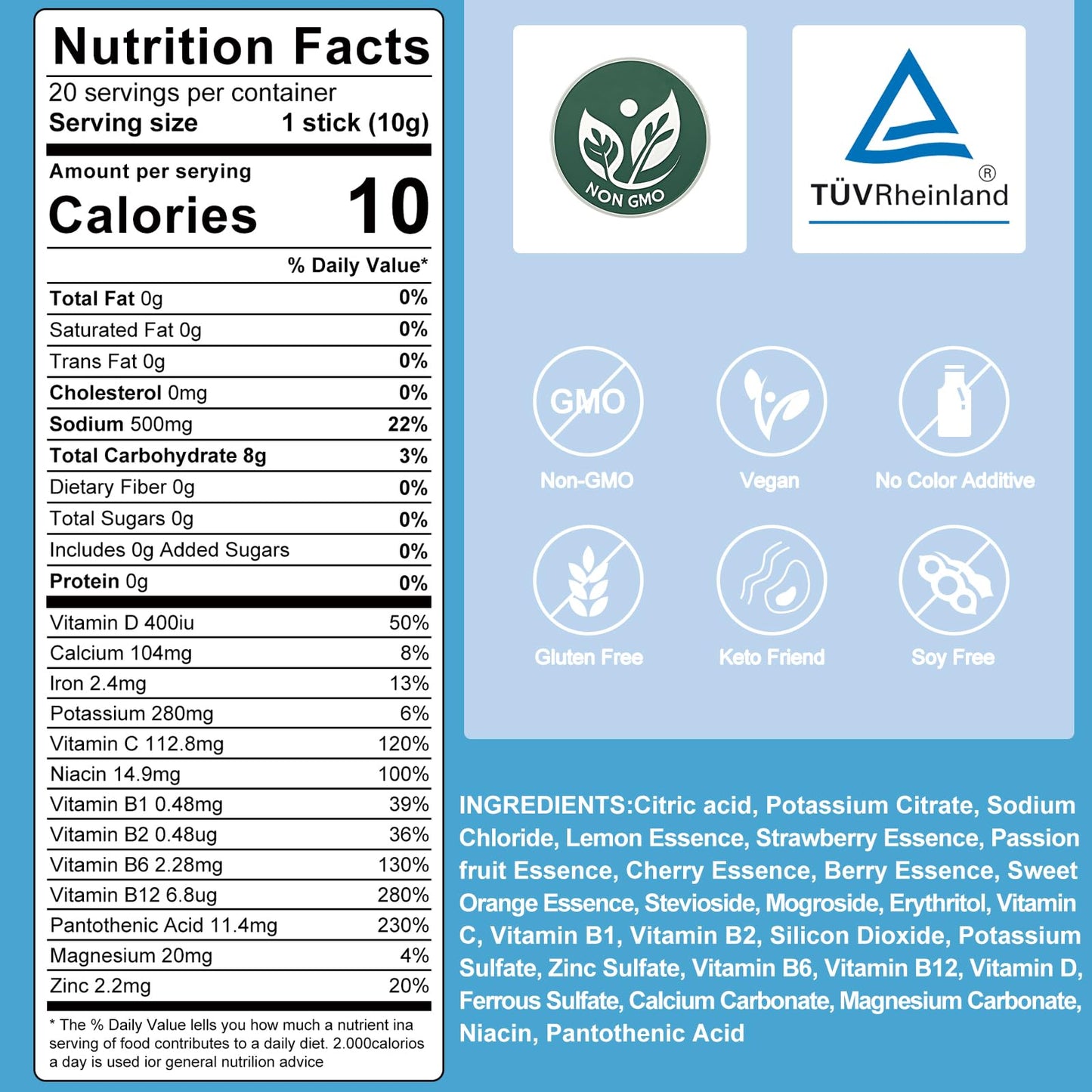 ANSWELL Electrolytes Powder Packets Sugar Free - Liquid Daily IV Drink Mix for Rapid Hydration & Party Recovery | 6 Vitamins & 7 Electrolytes | 20 Sticks | (20 Count (Pack of 1), V5-Berry)